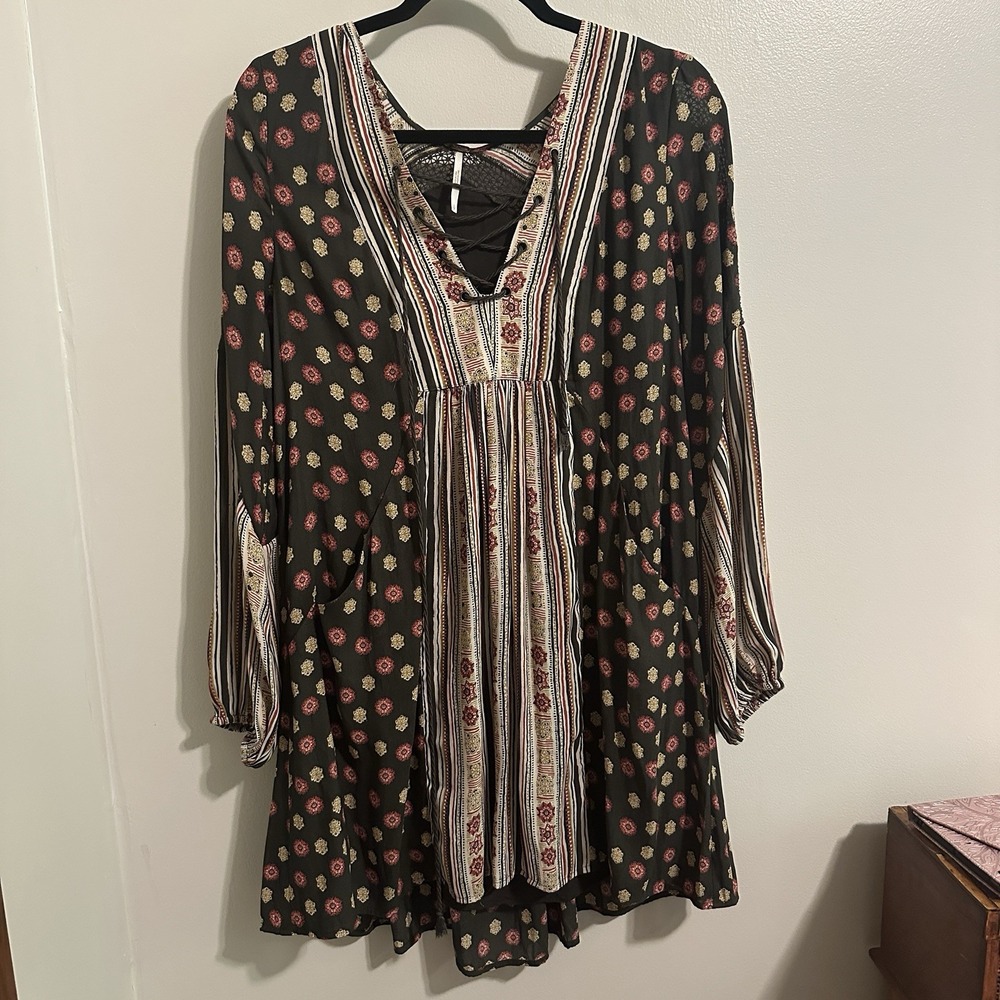Free People Rain or‎ Shine Lace Up Boho Peasant Swing Long Sleeve Dress Size S